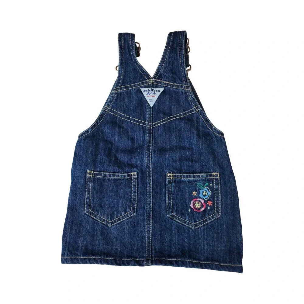 OshKosh Bgosh Girls Blue Denim Floral Embroidered Overall Jumper Dress 18 Months